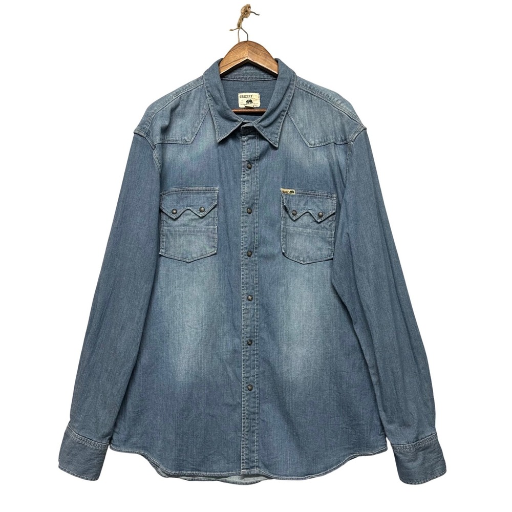 Vtg Grizzly Mens Size 2XL Denim Western Shirt Blue Snap Long Sleeve Cowboy Rodeo
